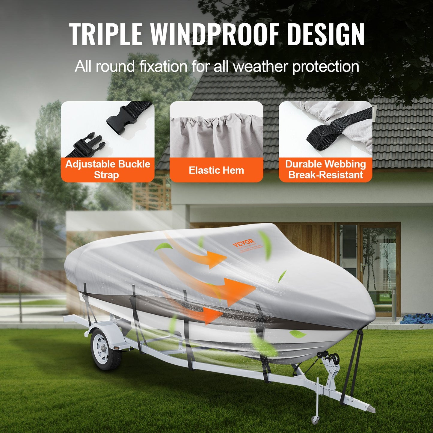 Boat Cover 600D Waterproof 16-18.5 ft Boat Cover V-Hull Tri-Hull Runabout V952-TYCZ600D1618F6PXLV0
