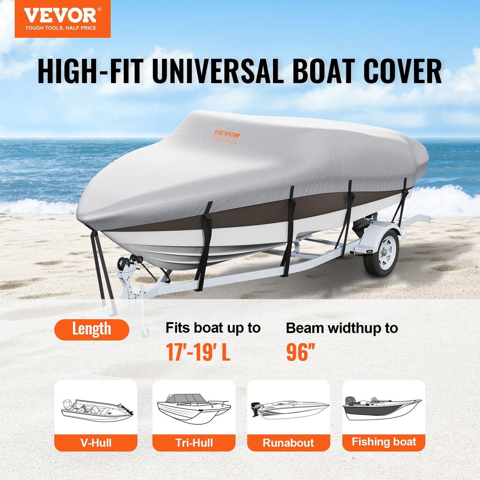 Boat Cover 600D Waterproof 17-19 ft Boat Cover V-Hull Tri-Hull Runabout V952-TYCZ600D1719PWYFKV0