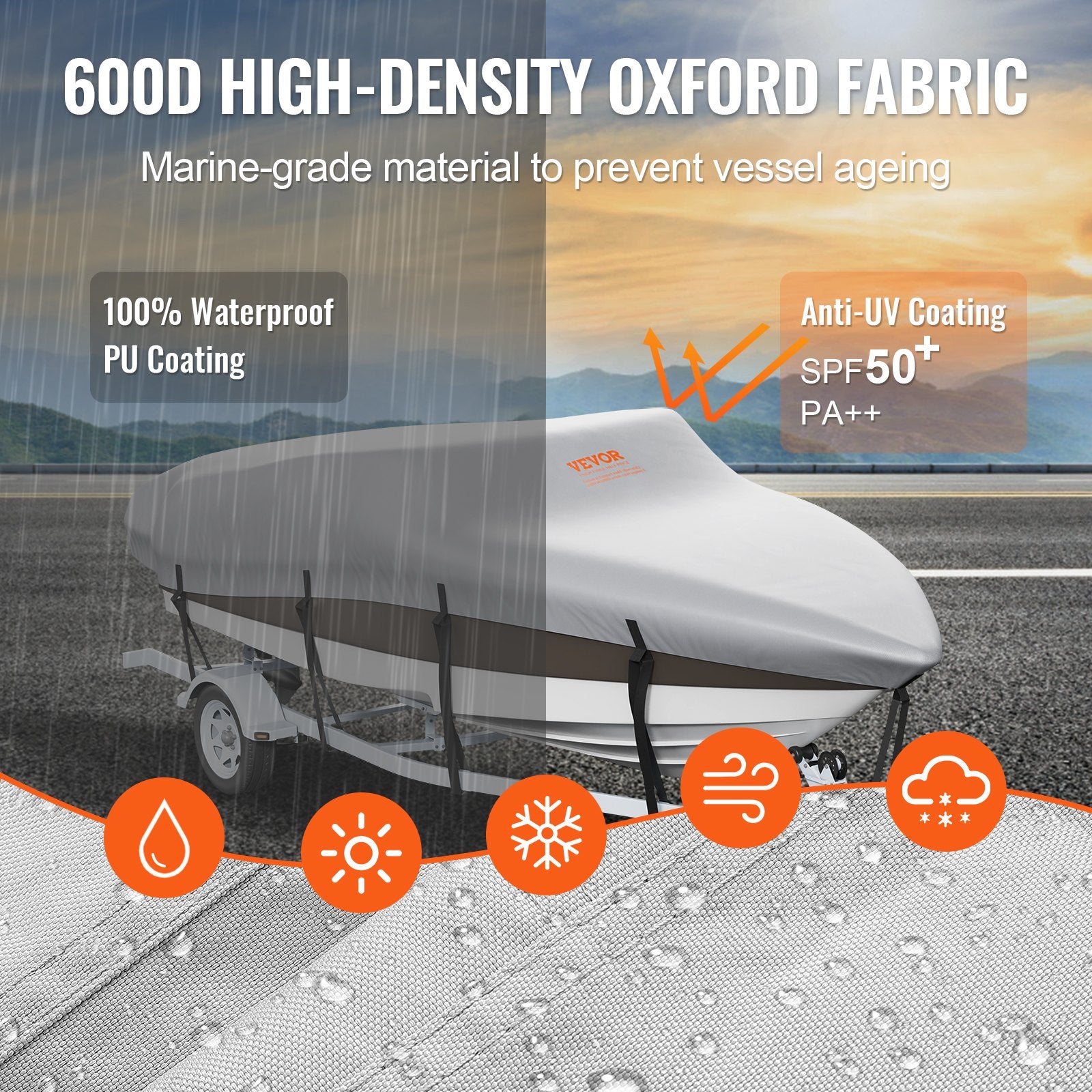 Boat Cover 600D Waterproof 17-19 ft Boat Cover V-Hull Tri-Hull Runabout V952-TYCZ600D1719PWYFKV0