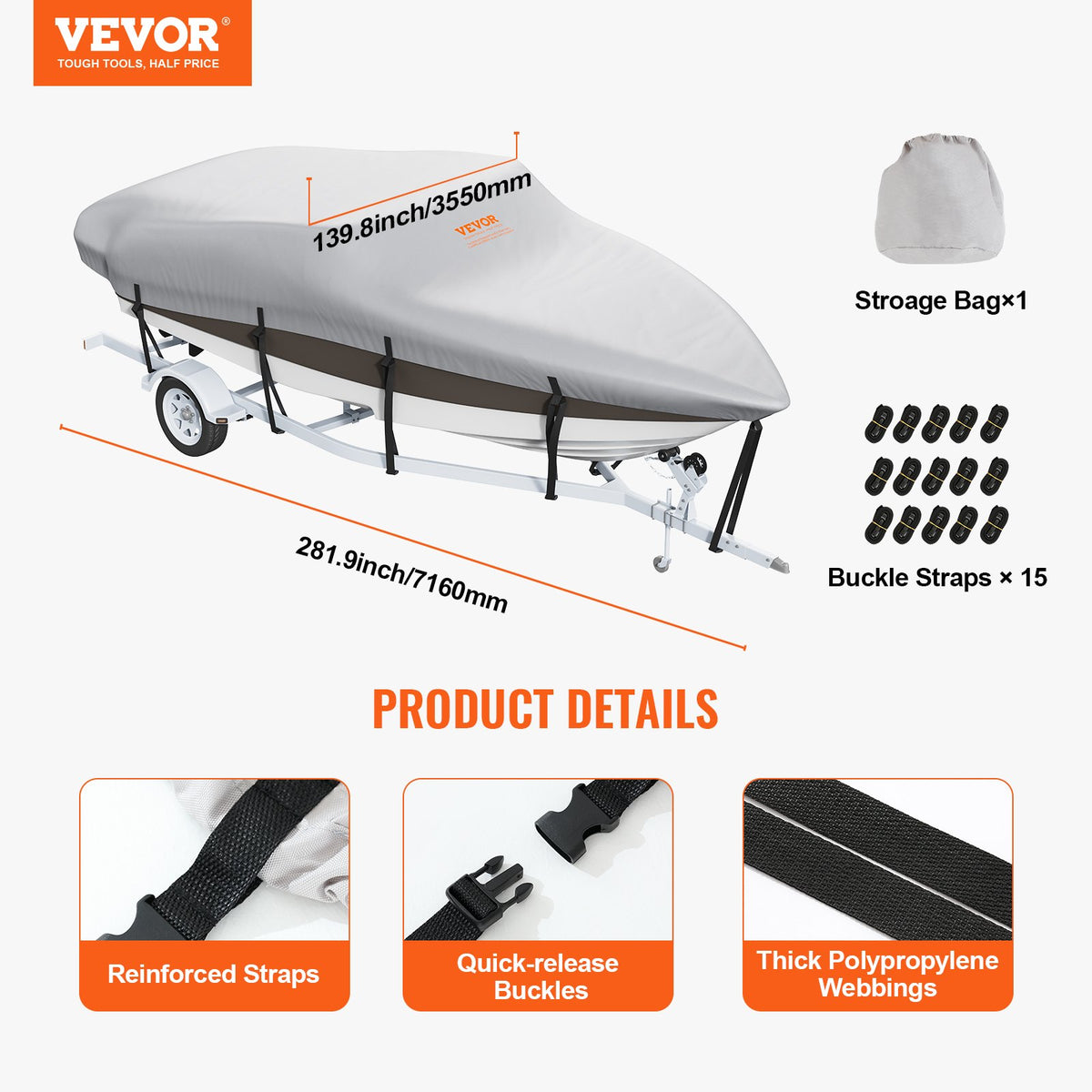 Boat Cover 600D Waterproof 20-22 ft Boat Cover V-Hull Tri-Hull Runabout V952-TYCZ600D2022LARNLV0