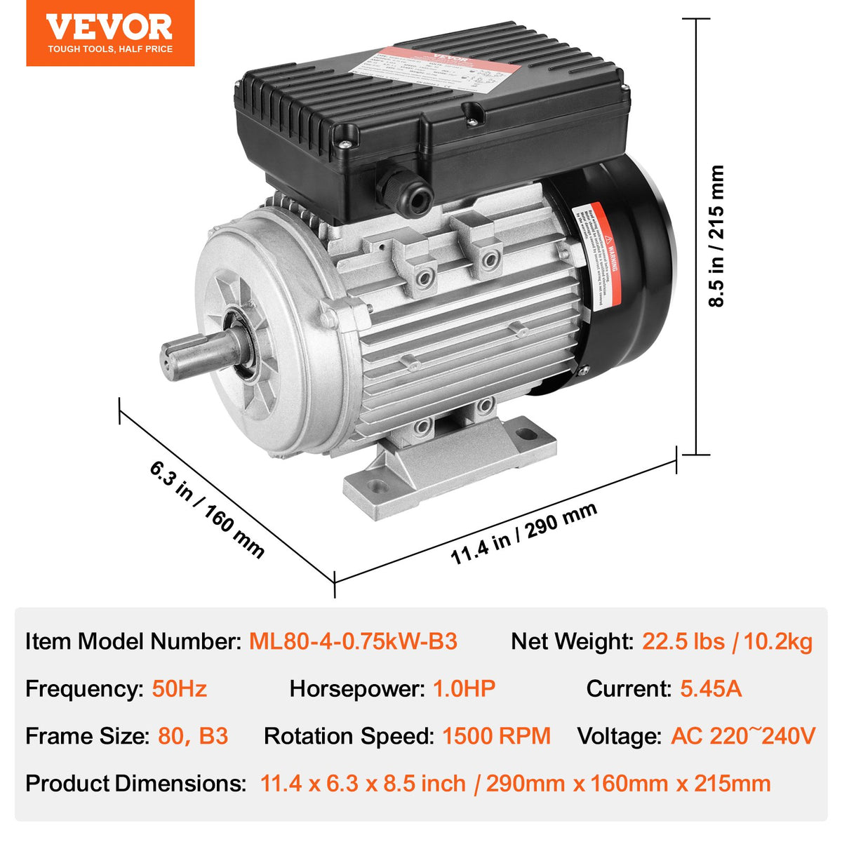0.75KW Electric Motor 1400 rpm, AC 220~240V 5.45A, 80, B3 Frame, Air Compressor Motor Single Phase, 19mm V952-TYJLIECDJ1406H7Z4V7
