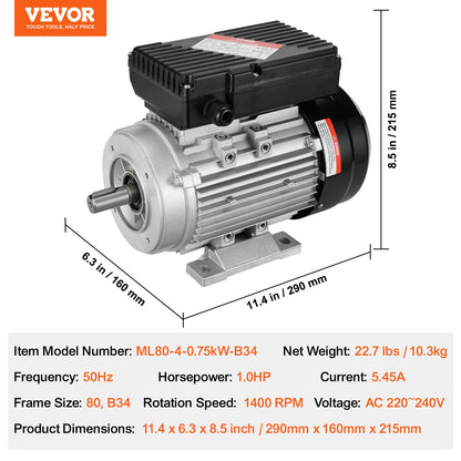 0.75KW Electric Motor 1400 rpm, AC 220~240V 5.45A, 80, B34 Frame, Air Compressor Motor Single Phase, 19mm V952-TYJLIECDJ172IOHFKV7