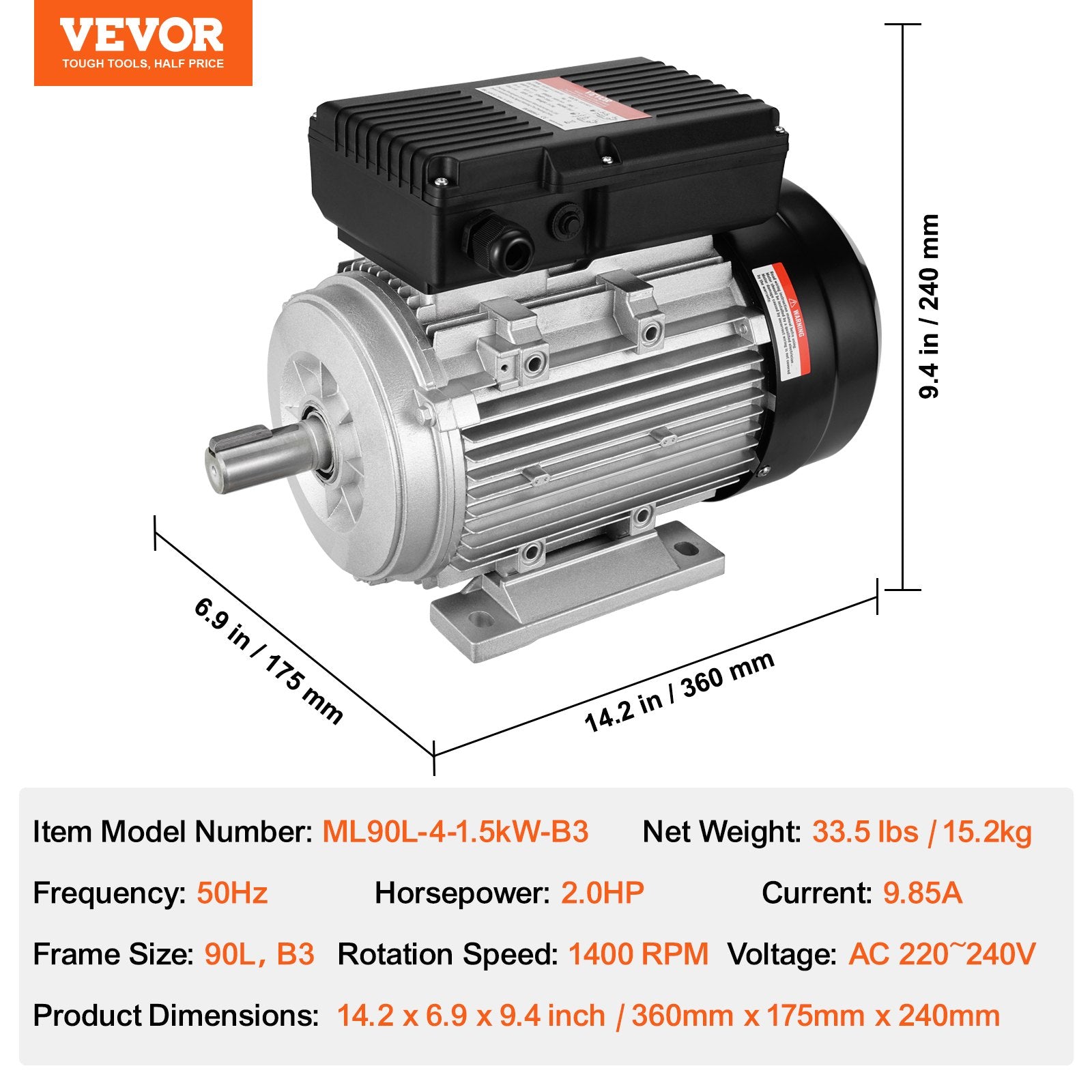 1.5KW Electric Motor 1400 rpm, AC 220~240V 9.85A, 90L, B3 Frame, Air Compressor Motor Single Phase, 24mm V952-TYJLIECDJ172RCGCBV7