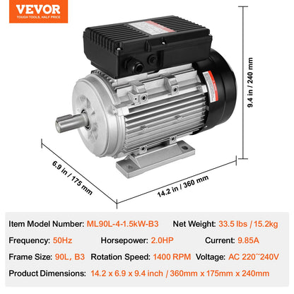 1.5KW Electric Motor 1400 rpm, AC 220~240V 9.85A, 90L, B3 Frame, Air Compressor Motor Single Phase, 24mm V952-TYJLIECDJ172RCGCBV7