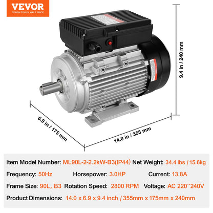 2.2KW Electric Motor 2800 rpm, AC 220~240V 13.8A, 90L, B3 Frame, Air Compressor Motor Single Phase, 24mm V952-TYJLIECDJ2802OQUKV7