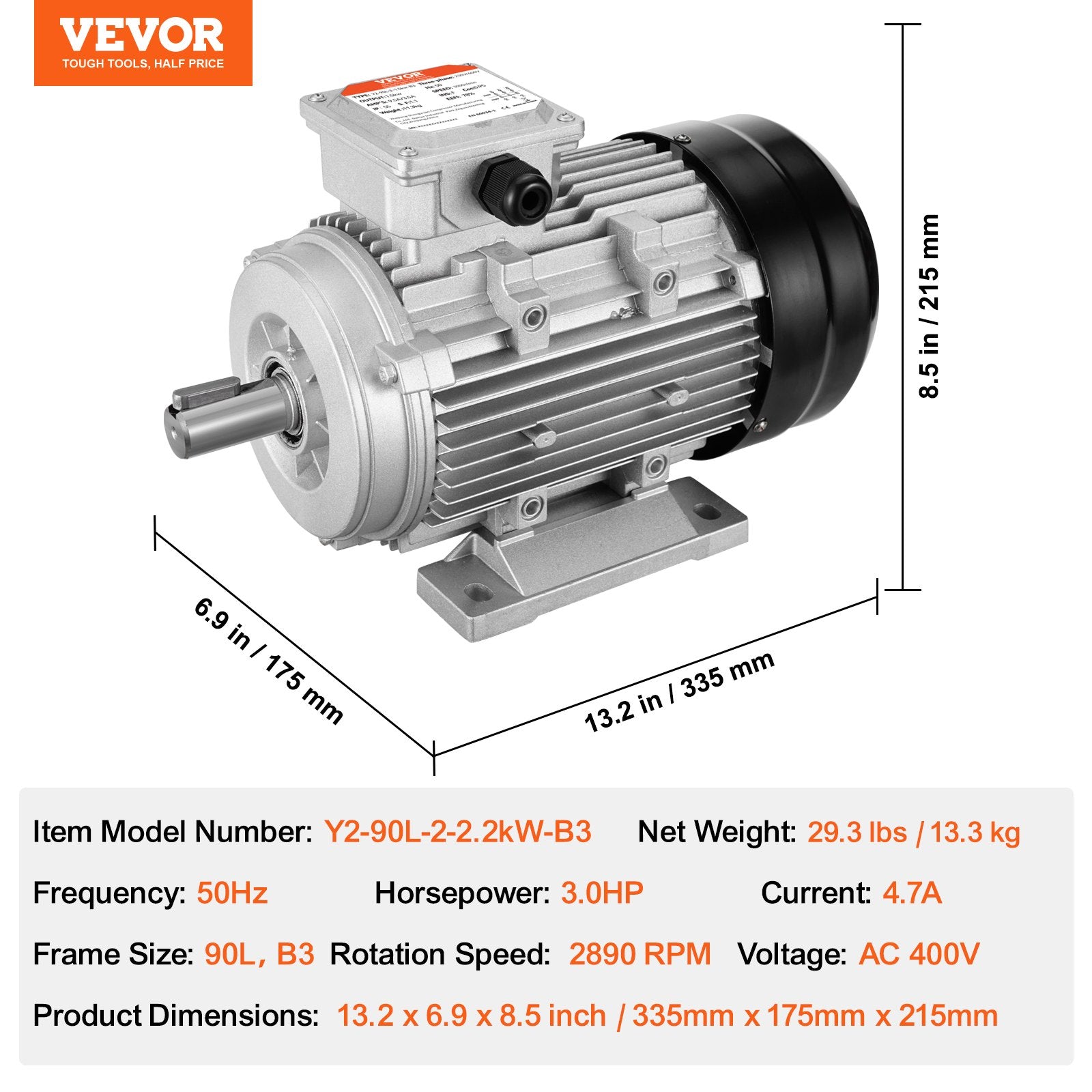 2.2KW Electric Motor 2890 rpm, AC 400V 4.7A, 90L, B3 Frame, Air Compressor Motor 3-Phase, 24mm Keyed Shaft, V952-TYJLIECDJ300ILW2HV8