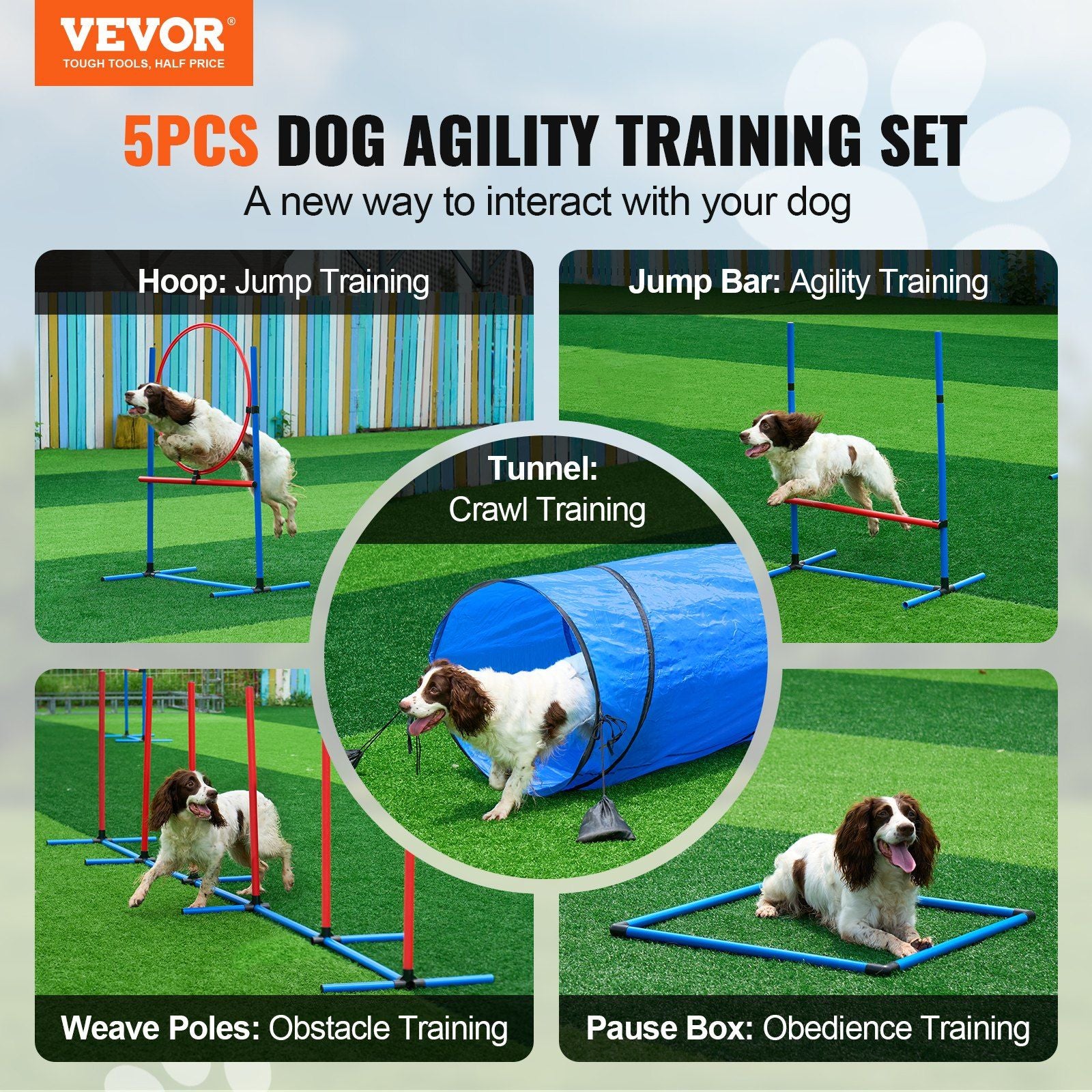 Dog Agility Training Equipment, 5 PCS Set with Adjustable High Hurdles,6 Weave Poles, Tunnel, Jump Ring, V952-TYKMJKCTJJCKQMHUSV0