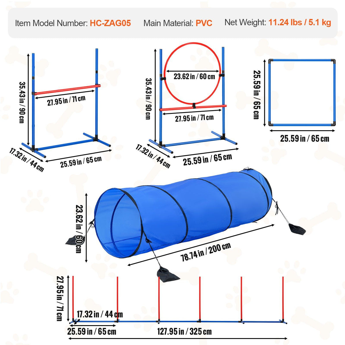 Dog Agility Training Equipment, 5 PCS Set with Adjustable High Hurdles,6 Weave Poles, Tunnel, Jump Ring, V952-TYKMJKCTJJCKQMHUSV0