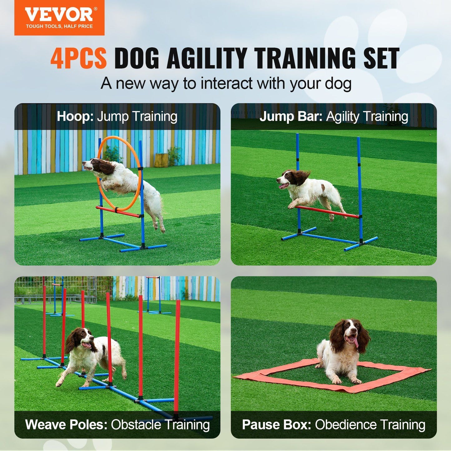 Dog Agility Training Equipment, 4 PCS Set with Adjustable High Hurdles,6 Weave Poles,Jump Ring,Square Pause V952-TYKMJKCTJJCKST31JV0
