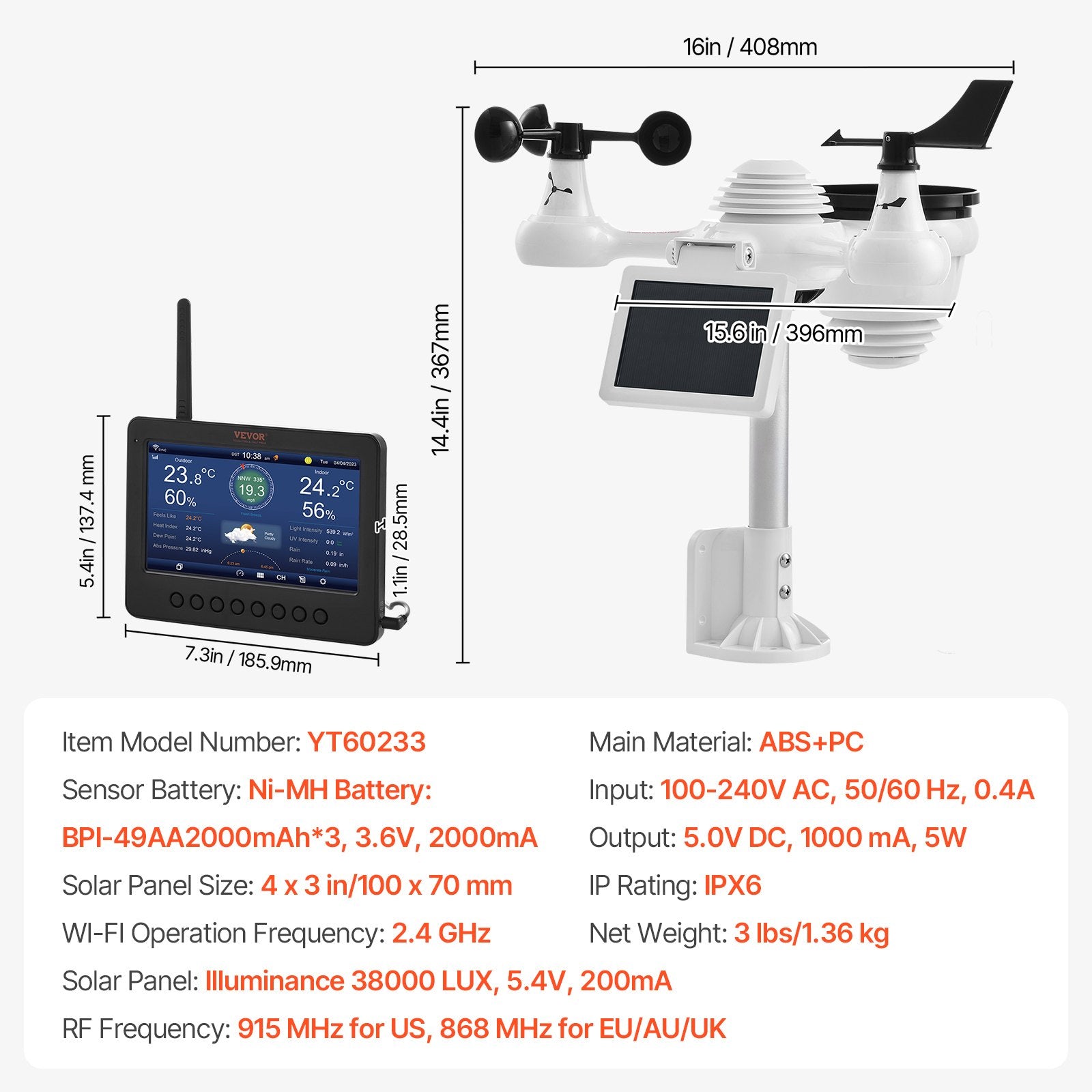 7-in-1 Wi-Fi Weather Station 177.8 mm TFT Display Wireless Outdoor Sensor V952-TYN70TFTWIFI71ZZTV3