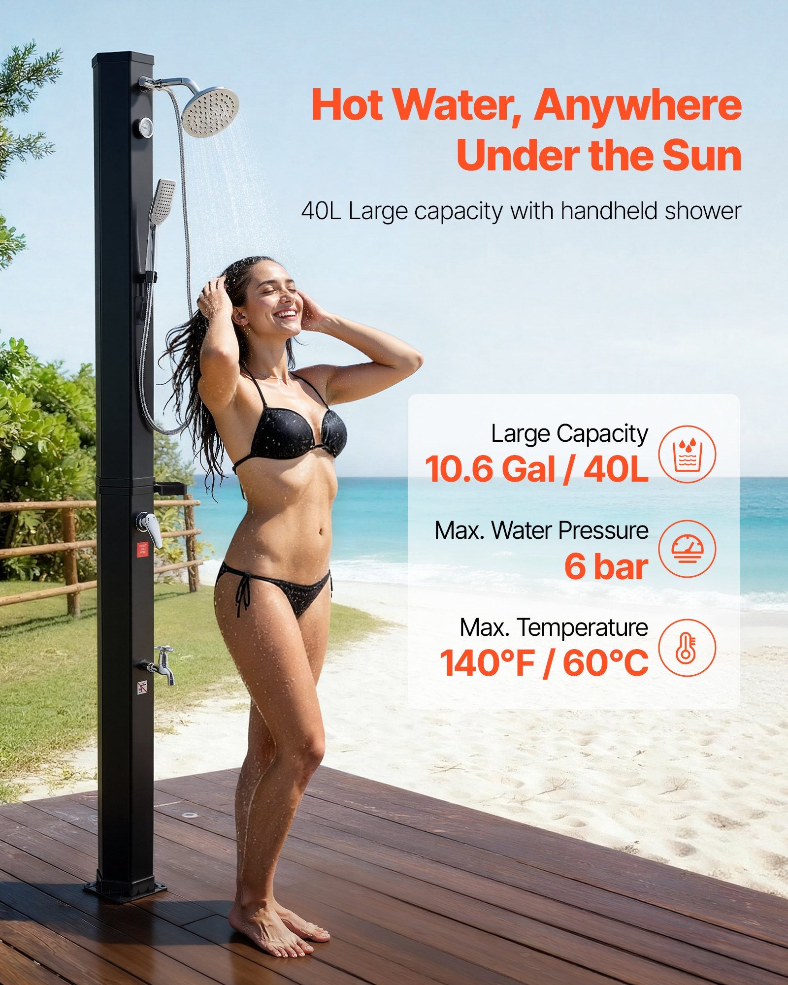 40L Solar Heated Shower, 205cm Showerhead Height Outdoor Shower, with Handheld & Foot Faucet, Hot & Cold V952-TYNLYQHSPVCL8QSDL001V0