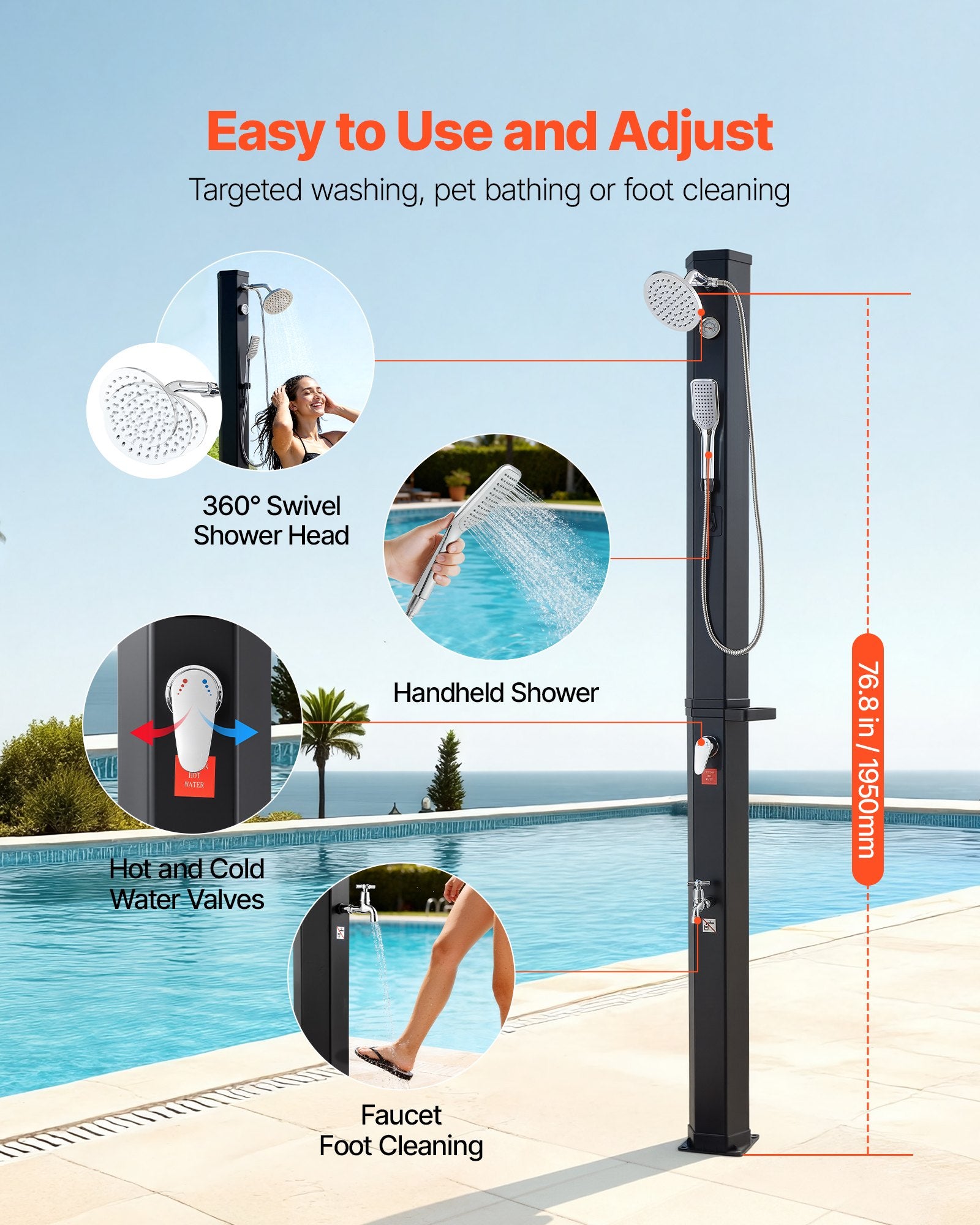 40L Solar Heated Shower, 205cm Showerhead Height Outdoor Shower, with Handheld & Foot Faucet, Hot & Cold V952-TYNLYQHSPVCL8QSDL001V0