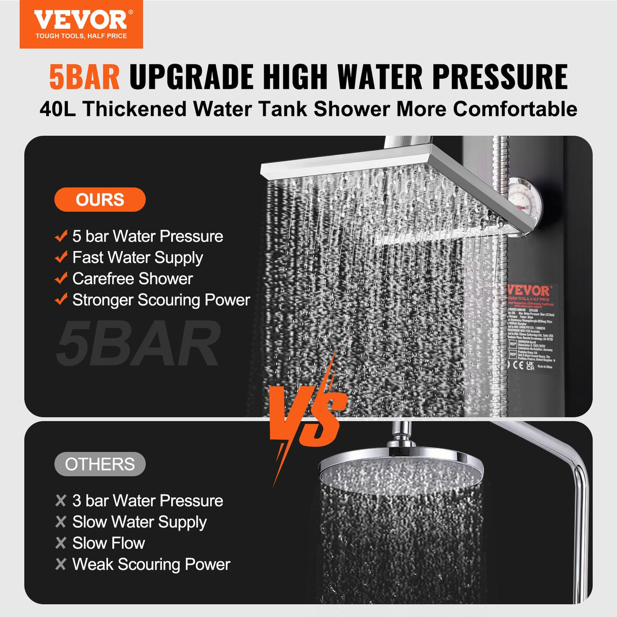 Outdoor Solar Heated Shower, 40L Poolside Shower Kit with 2 Shower Head and Foot Shower Tap, Handheld/Hanging V952-TYNLYQHSPVCLRGYW5V0