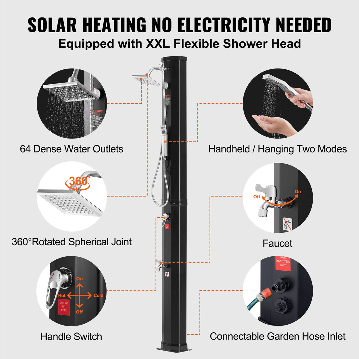 Outdoor Solar Heated Shower, 40L Poolside Shower Kit with 2 Shower Head and Foot Shower Tap, Handheld/Hanging V952-TYNLYQHSPVCLRGYW5V0