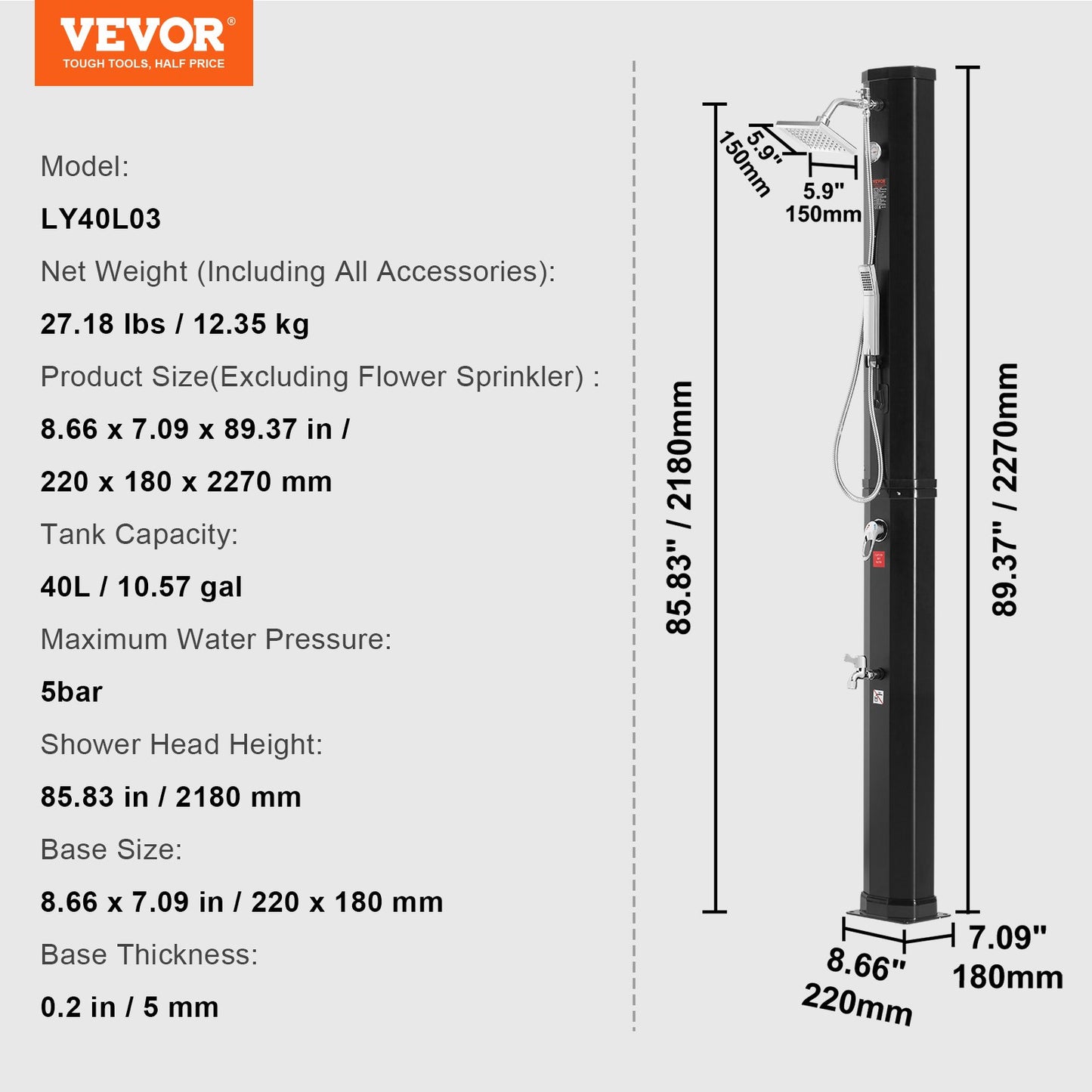 Outdoor Solar Heated Shower, 40L Poolside Shower Kit with 2 Shower Head and Foot Shower Tap, Handheld/Hanging V952-TYNLYQHSPVCLRGYW5V0