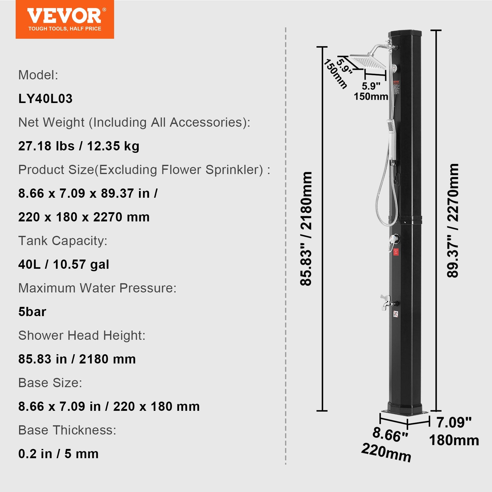Outdoor Solar Heated Shower, 40L Poolside Shower Kit with 2 Shower Head and Foot Shower Tap, Handheld/Hanging V952-TYNLYQHSPVCLRGYW5V0