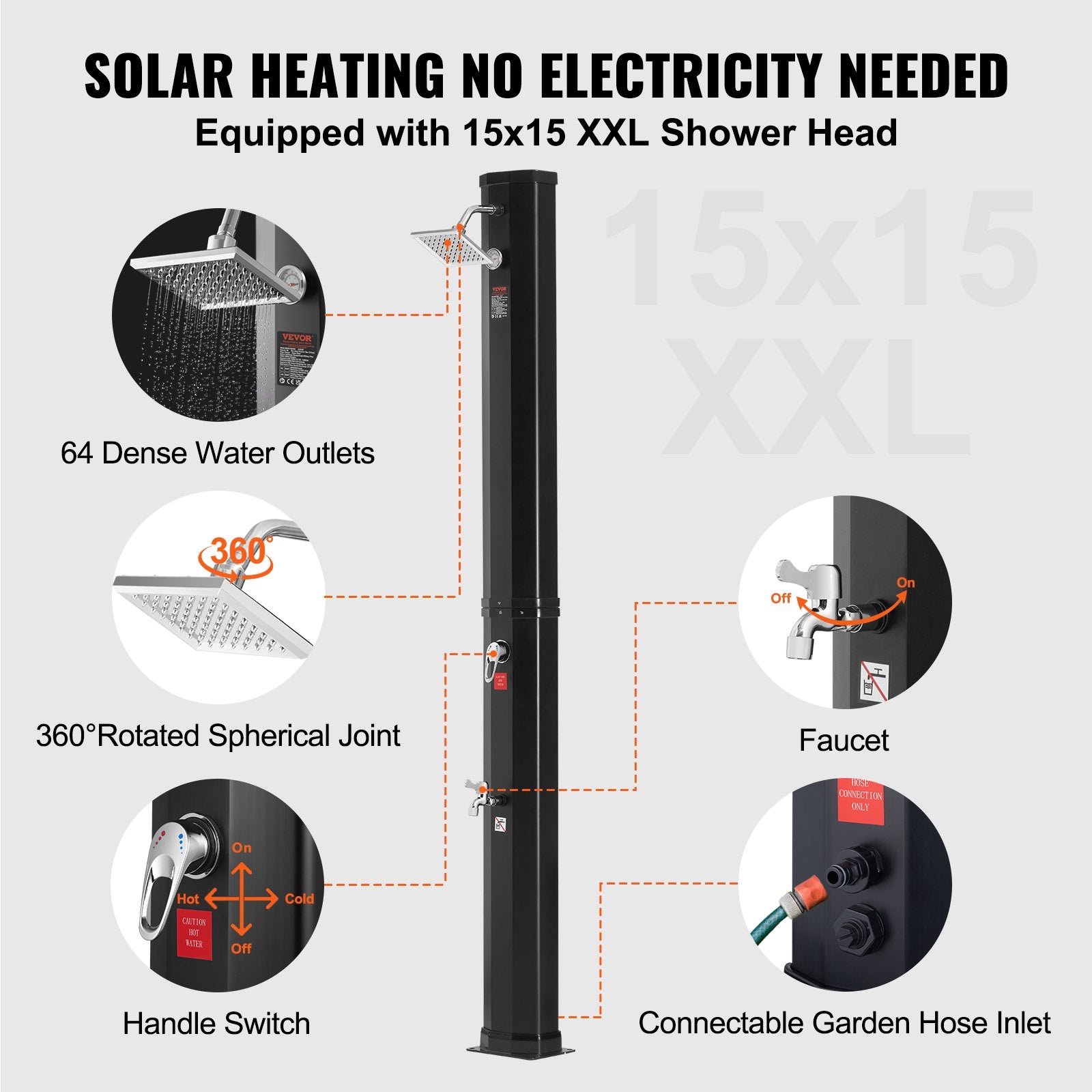 Outdoor Solar Heated Shower, 35L Poolside Shower Kit with Shower Head and Foot Shower Tap, Double Buckle Fast V952-TYNLYQHSPVCLT705AV0