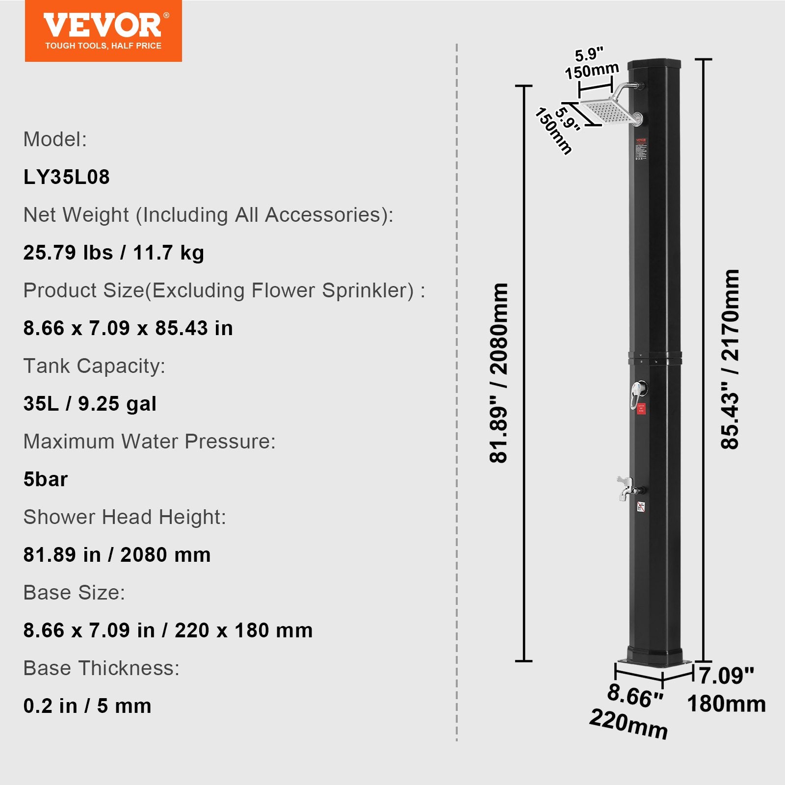 Outdoor Solar Heated Shower, 35L Poolside Shower Kit with Shower Head and Foot Shower Tap, Double Buckle Fast V952-TYNLYQHSPVCLT705AV0