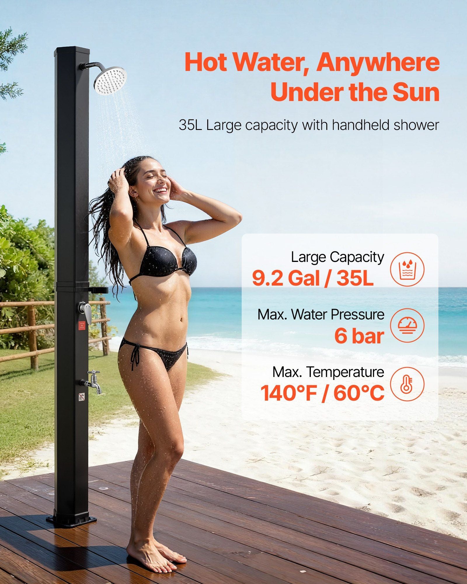 35L Solar Heated Shower, 195cm Showerhead Height Outdoor Shower, with Foot Faucet & Soap Box Rack, Hot & Cold V952-TYNLYQHSPVCLYWFF3001V0