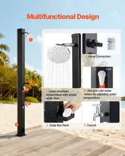 35L Solar Heated Shower, 195cm Showerhead Height Outdoor Shower, with Foot Faucet & Soap Box Rack, Hot & Cold V952-TYNLYQHSPVCLYWFF3001V0