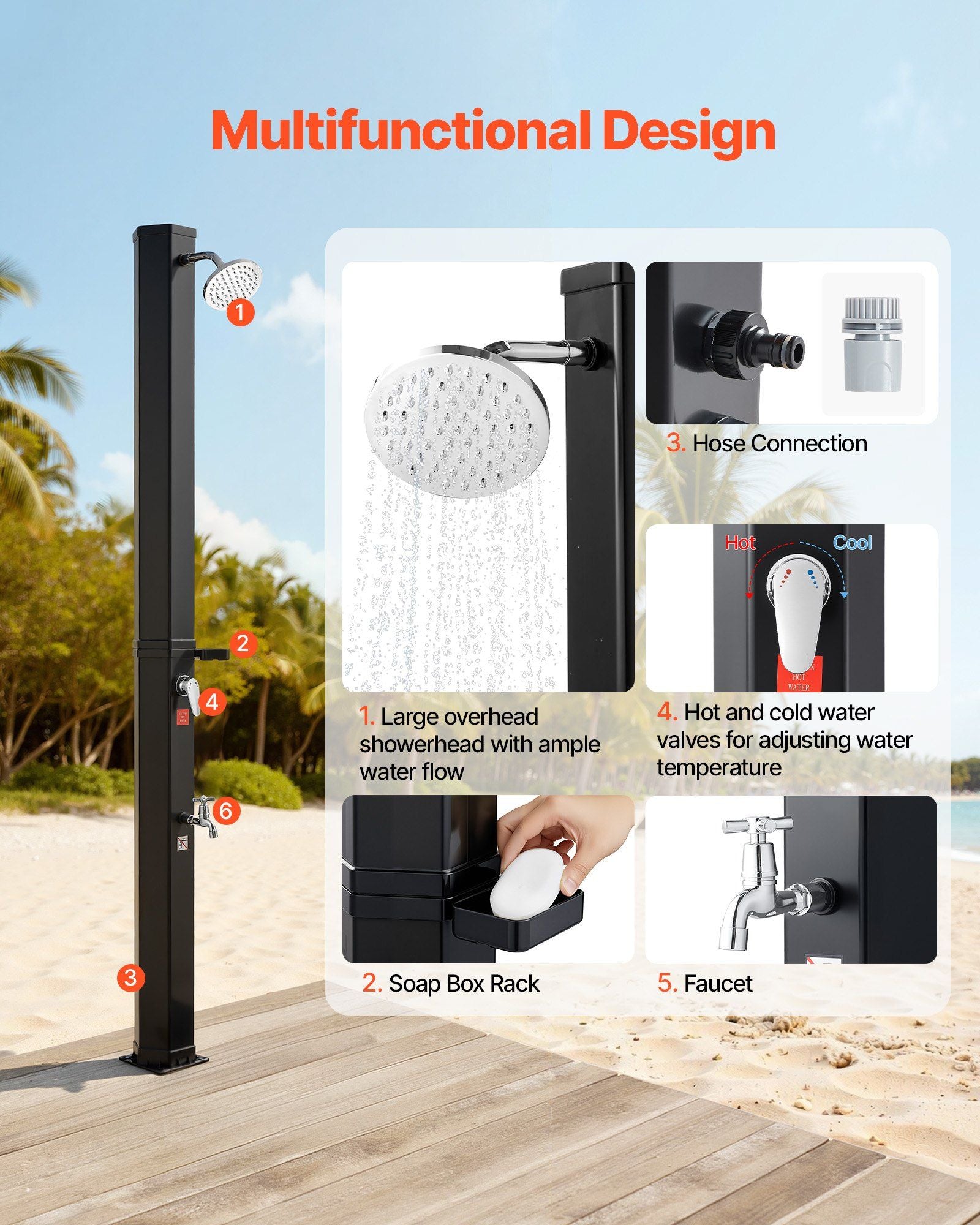 35L Solar Heated Shower, 195cm Showerhead Height Outdoor Shower, with Foot Faucet & Soap Box Rack, Hot & Cold V952-TYNLYQHSPVCLYWFF3001V0