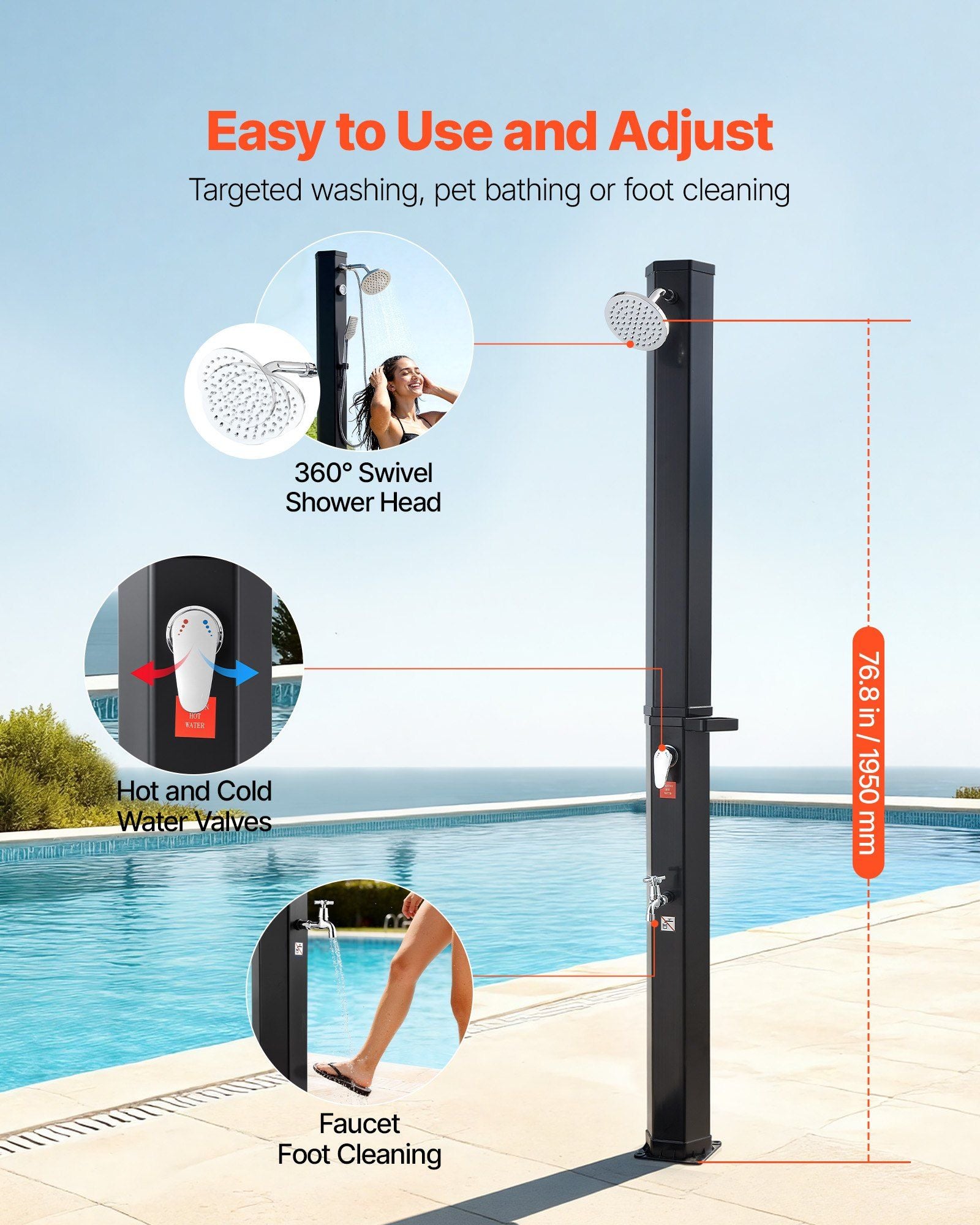 35L Solar Heated Shower, 195cm Showerhead Height Outdoor Shower, with Foot Faucet & Soap Box Rack, Hot & Cold V952-TYNLYQHSPVCLYWFF3001V0