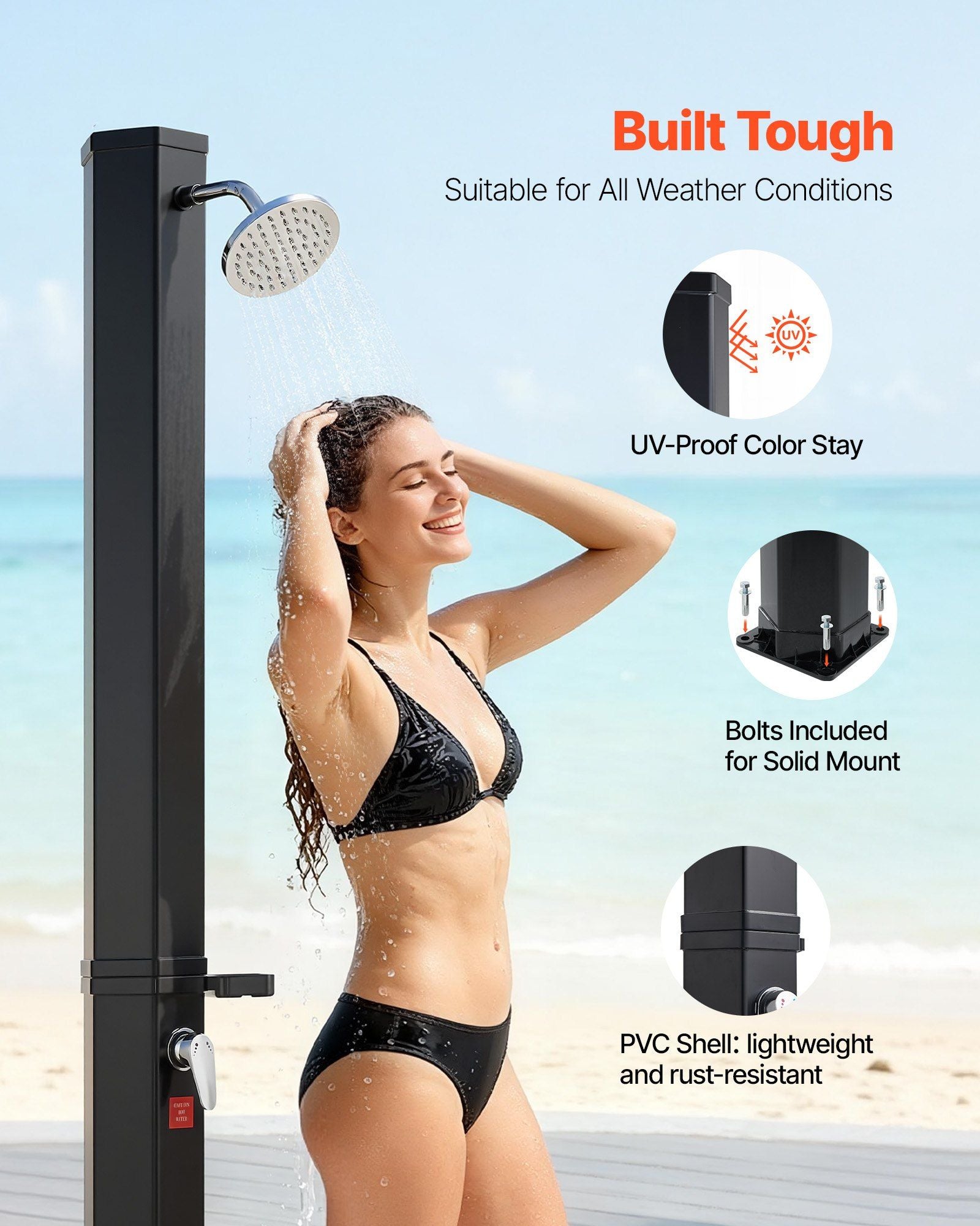 35L Solar Heated Shower, 195cm Showerhead Height Outdoor Shower, with Foot Faucet & Soap Box Rack, Hot & Cold V952-TYNLYQHSPVCLYWFF3001V0