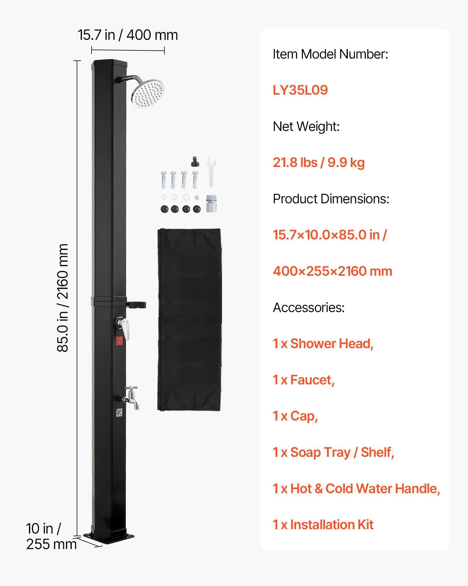 35L Solar Heated Shower, 195cm Showerhead Height Outdoor Shower, with Foot Faucet & Soap Box Rack, Hot & Cold V952-TYNLYQHSPVCLYWFF3001V0