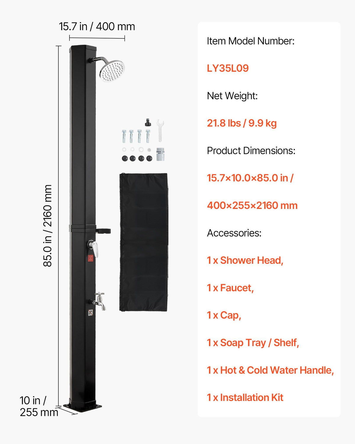 35L Solar Heated Shower, 195cm Showerhead Height Outdoor Shower, with Foot Faucet & Soap Box Rack, Hot & Cold V952-TYNLYQHSPVCLYWFF3001V0