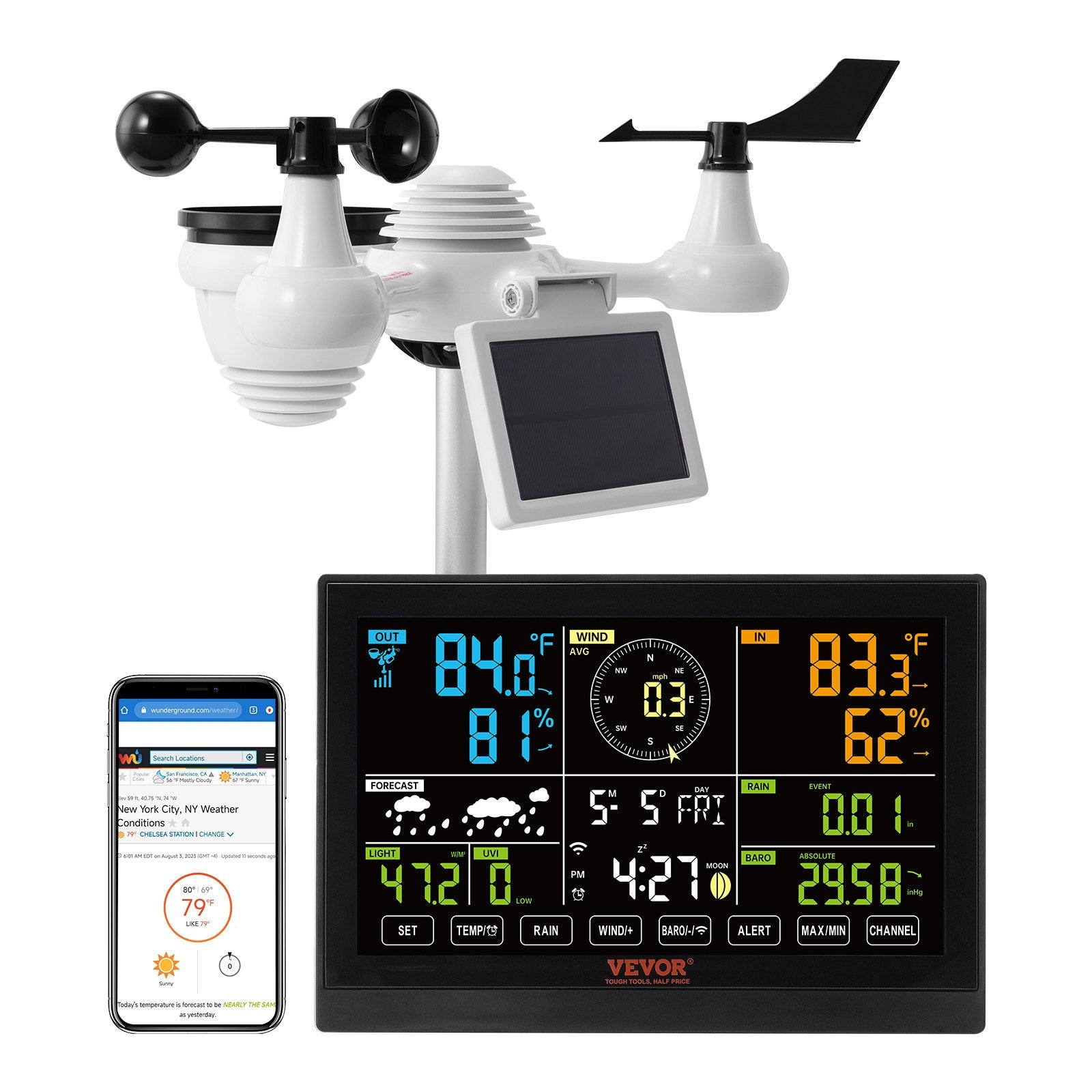 7-in-1 Wi-Fi Weather Station, 7.5 in Color Display, Home Weather Station Indoor Outdoor, with Solar Wireless V952-TYNQ75VAWIFI7T9PDV3
