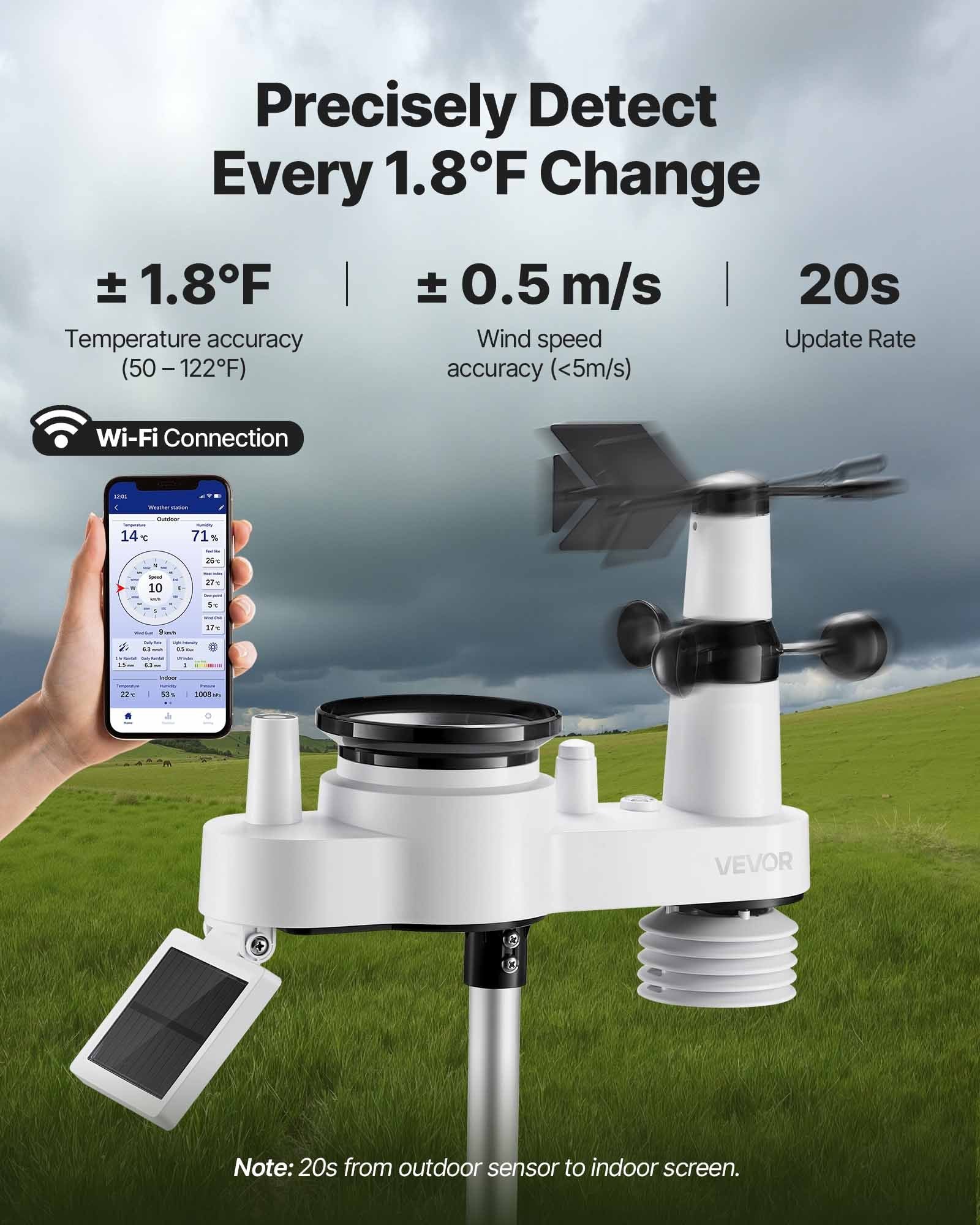 7-in-1 Wi-Fi Weather Station with APP, 190.5 mm VA Display, Wireless Solar Powered Outdoor Sensor, Rain V952-TYNQXZWIFI7586OBK001V3