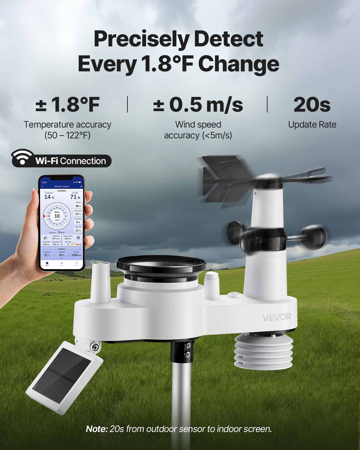 7-in-1 Wi-Fi Weather Station with APP, 190.5 mm VA Display, Wireless Solar Powered Outdoor Sensor, Rain V952-TYNQXZWIFI7586OBK001V3
