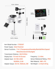 7-in-1 Wi-Fi Weather Station with APP, 190.5 mm VA Display, Wireless Solar Powered Outdoor Sensor, Rain V952-TYNQXZWIFI7586OBK001V3