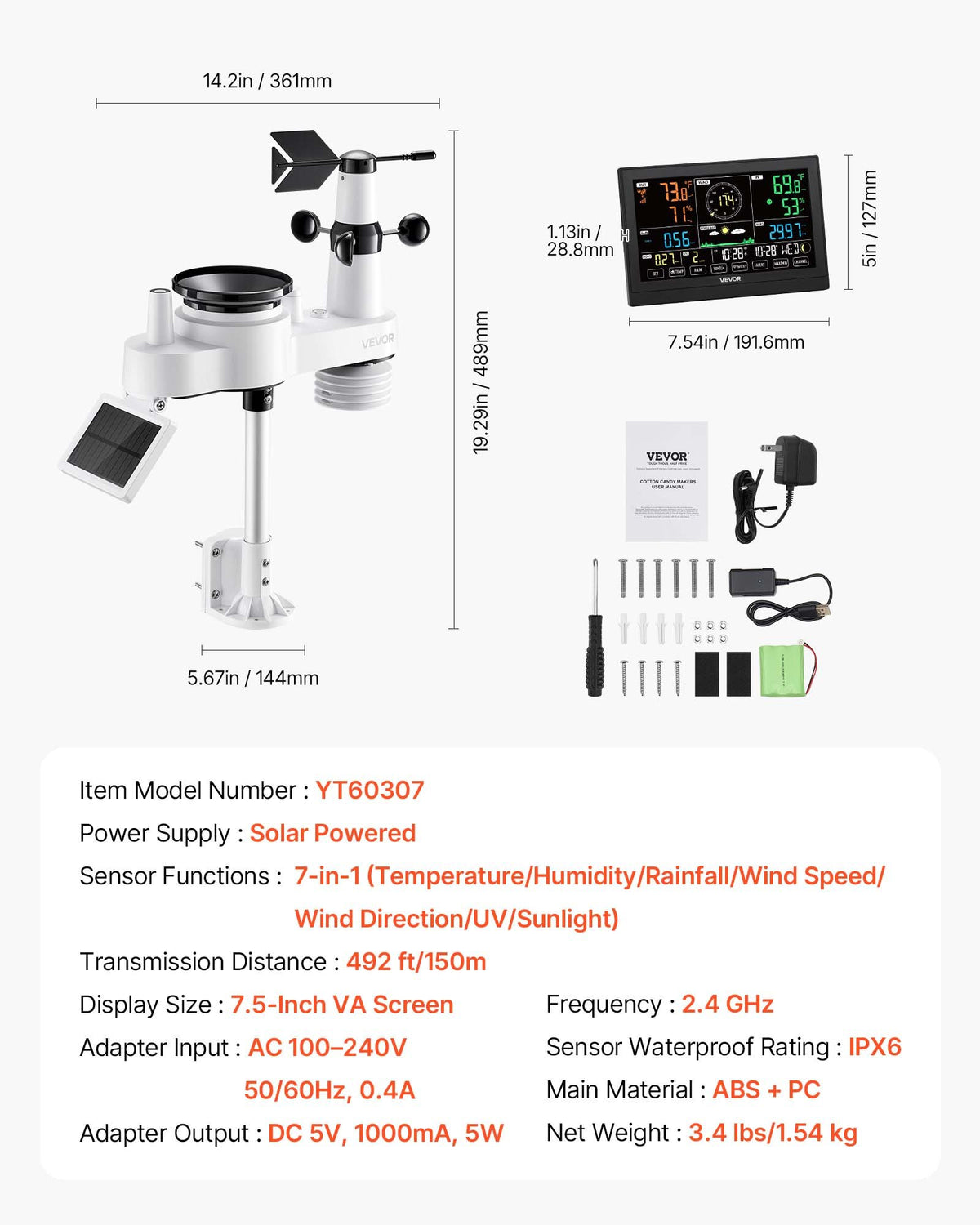 7-in-1 Wi-Fi Weather Station with APP, 190.5 mm VA Display, Wireless Solar Powered Outdoor Sensor, Rain V952-TYNQXZWIFI7586OBK001V3