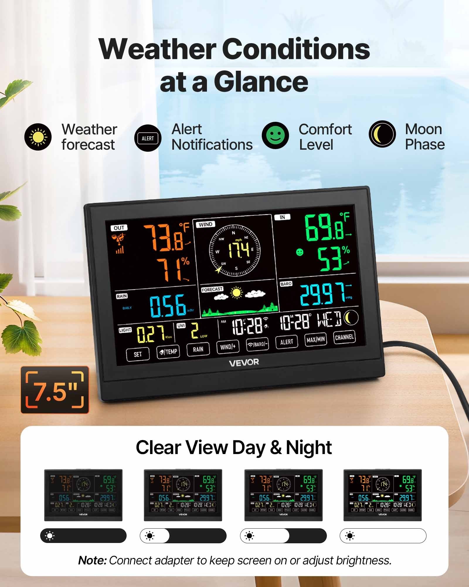 7-in-1 Wi-Fi Weather Station with APP, 190.5 mm Display, Wireless Solar Powered Outdoor Sensor, with Pool V952-TYNQXZWIFI75Q7O2N001V3