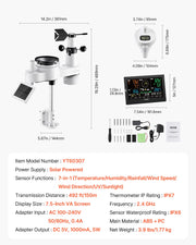 7-in-1 Wi-Fi Weather Station with APP, 190.5 mm Display, Wireless Solar Powered Outdoor Sensor, with Pool V952-TYNQXZWIFI75Q7O2N001V3
