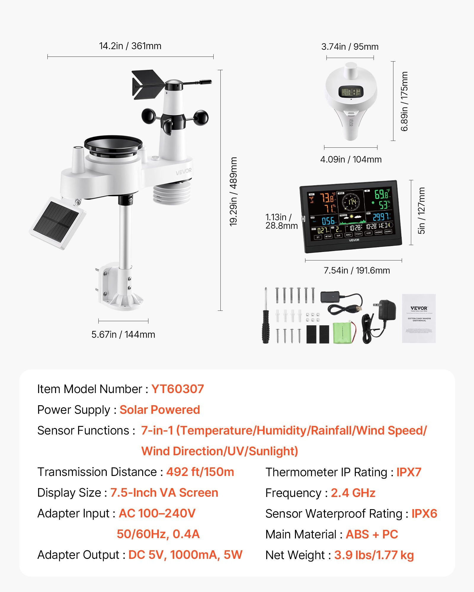 7-in-1 Wi-Fi Weather Station with APP, 190.5 mm Display, Wireless Solar Powered Outdoor Sensor, with Pool V952-TYNQXZWIFI75Q7O2N001V3