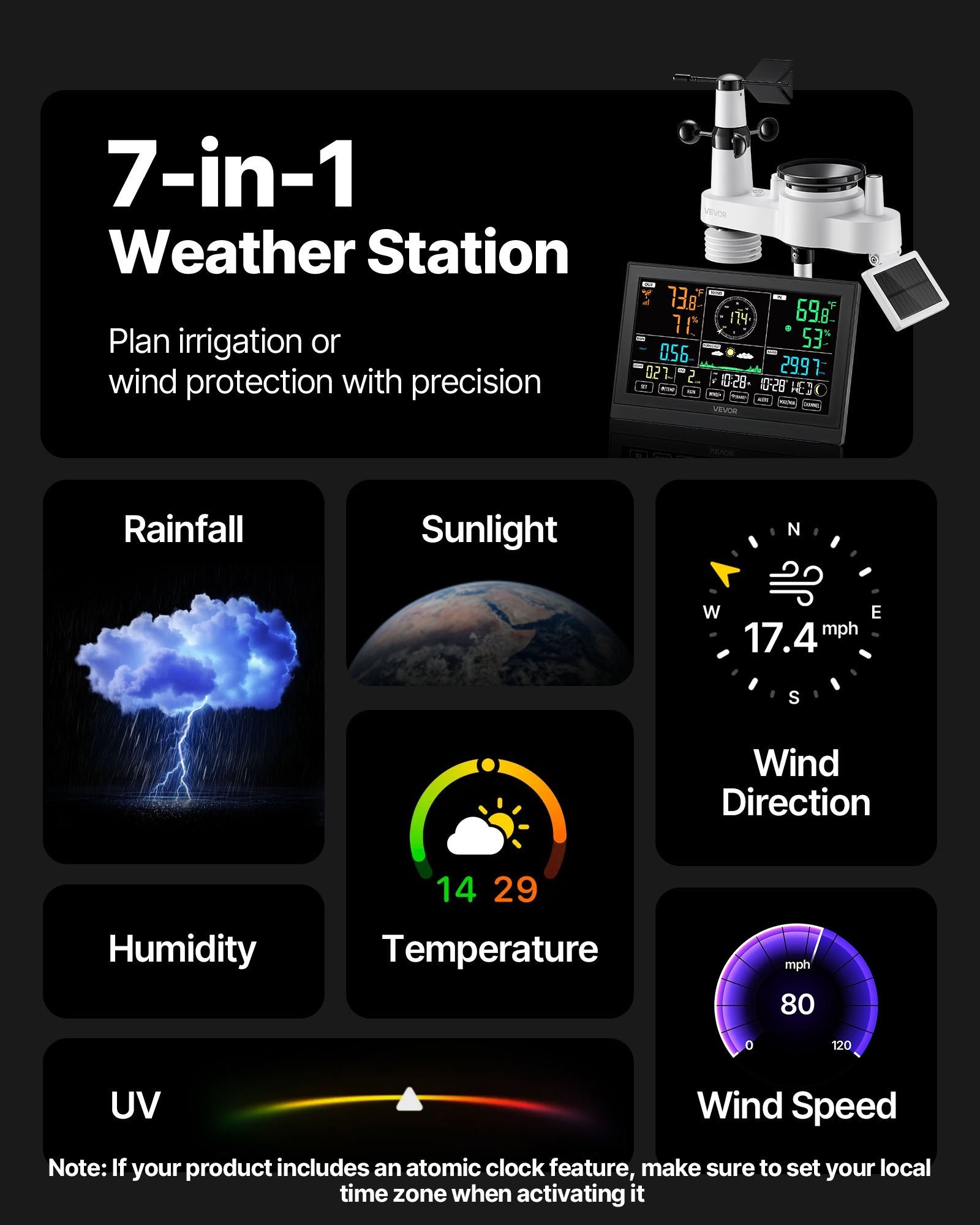 7-in-1 Wireless Weather Station, 190.5 mm VA Display, Solar Powered Outdoor Sensor, Rain Gauge, Indoor V952-TYNQXZWX75AA08QNY001V3