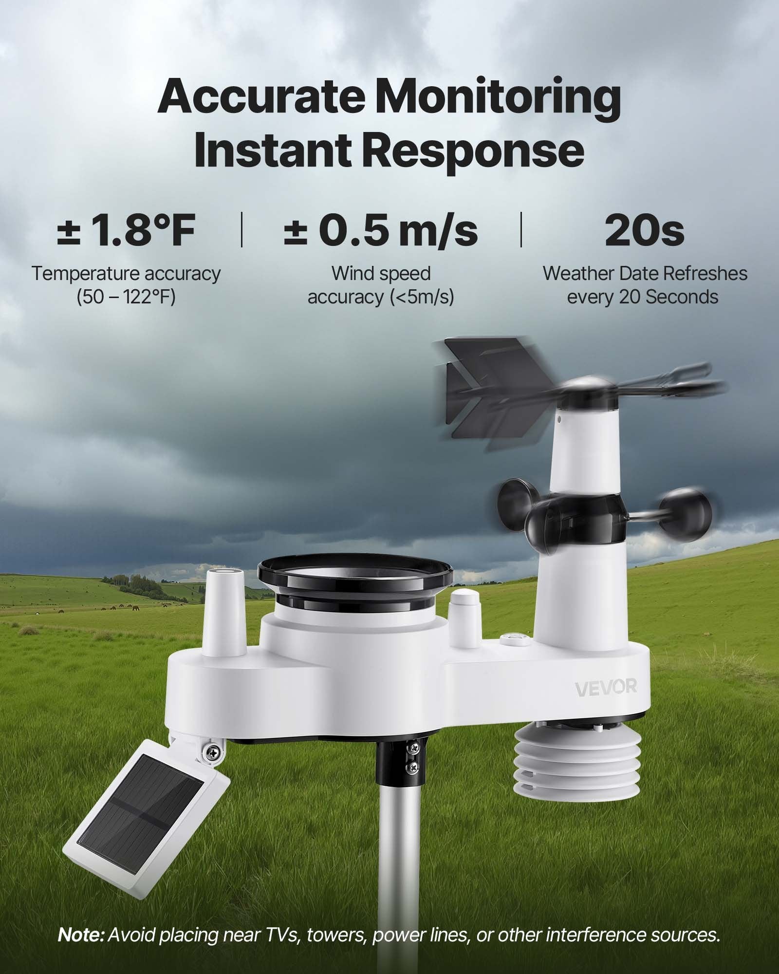 7-in-1 Wireless Weather Station, 190.5 mm VA Display, Solar Powered Outdoor Sensor, Rain Gauge, Indoor V952-TYNQXZWX75AA08QNY001V3