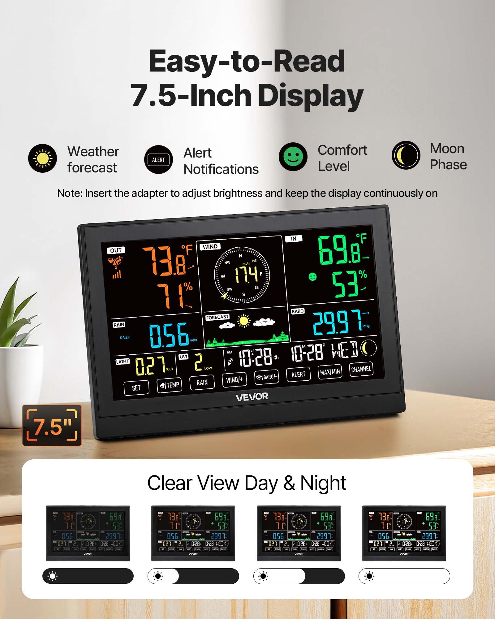 7-in-1 Wireless Weather Station, 190.5 mm VA Display, Solar Powered Outdoor Sensor, Rain Gauge, Indoor V952-TYNQXZWX75AA08QNY001V3
