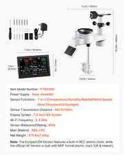 7-in-1 Wireless Weather Station, 190.5 mm VA Display, Solar Powered Outdoor Sensor, Rain Gauge, Indoor V952-TYNQXZWX75AA08QNY001V3