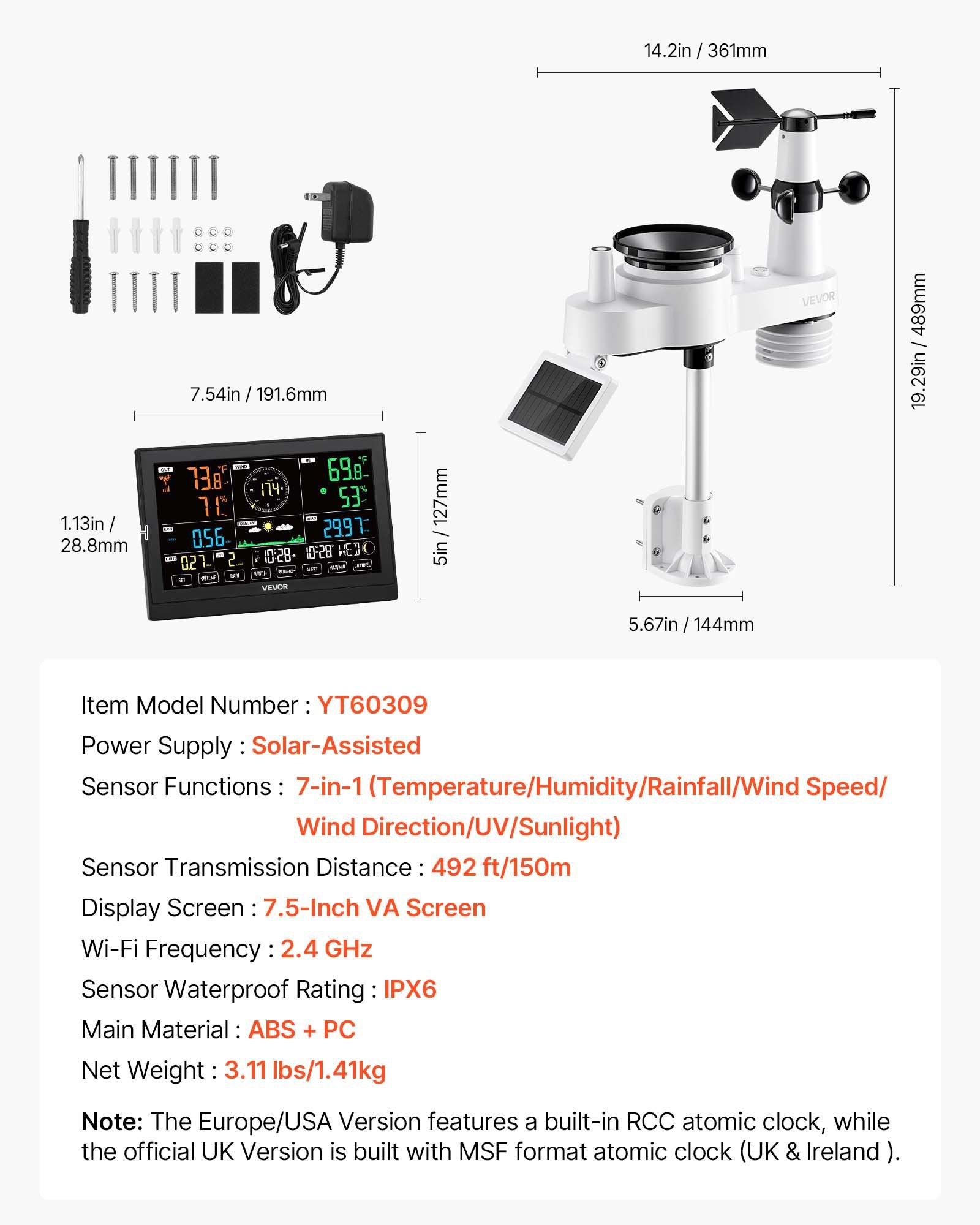 7-in-1 Wireless Weather Station, 190.5 mm VA Display, Solar Powered Outdoor Sensor, Rain Gauge, Indoor V952-TYNQXZWX75AA08QNY001V3