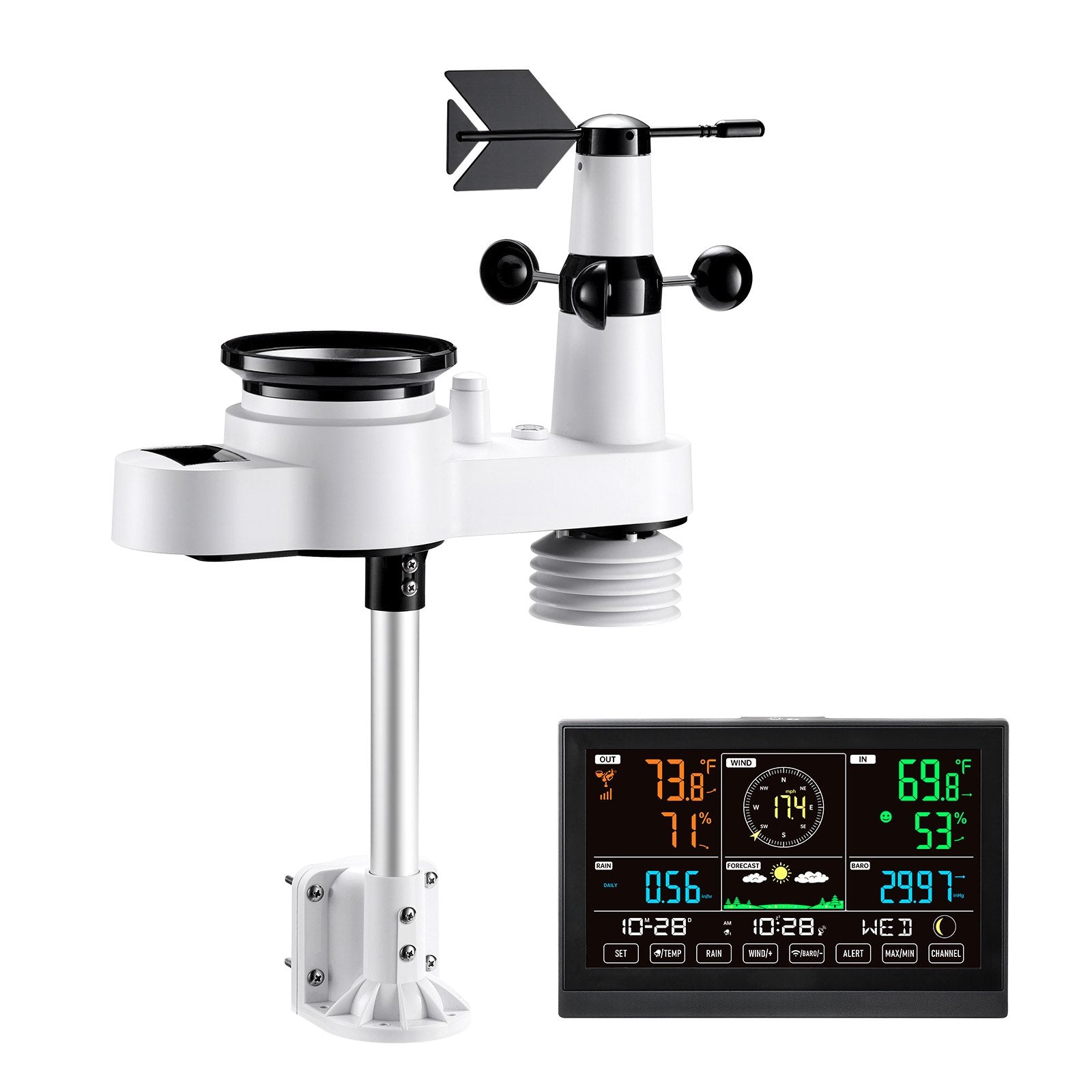 5-in-1 Wireless Weather Station, 190.5 mm VA Display, Solar Powered Outdoor Sensor, Rain Gauge, Indoor V952-TYNQXZWX75AACKCYU001V3