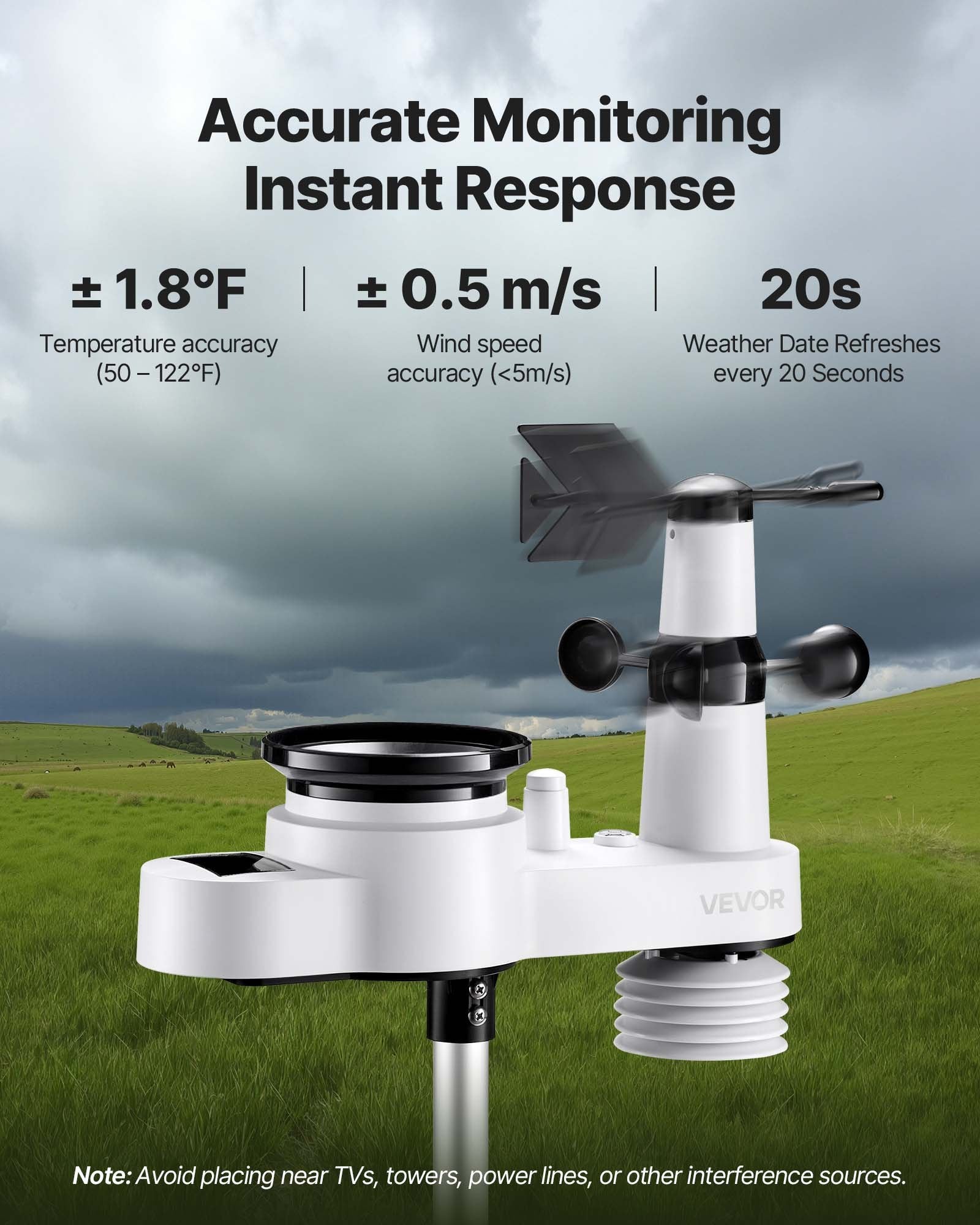 5-in-1 Wireless Weather Station, 190.5 mm VA Display, Solar Powered Outdoor Sensor, Rain Gauge, Indoor V952-TYNQXZWX75AACKCYU001V3
