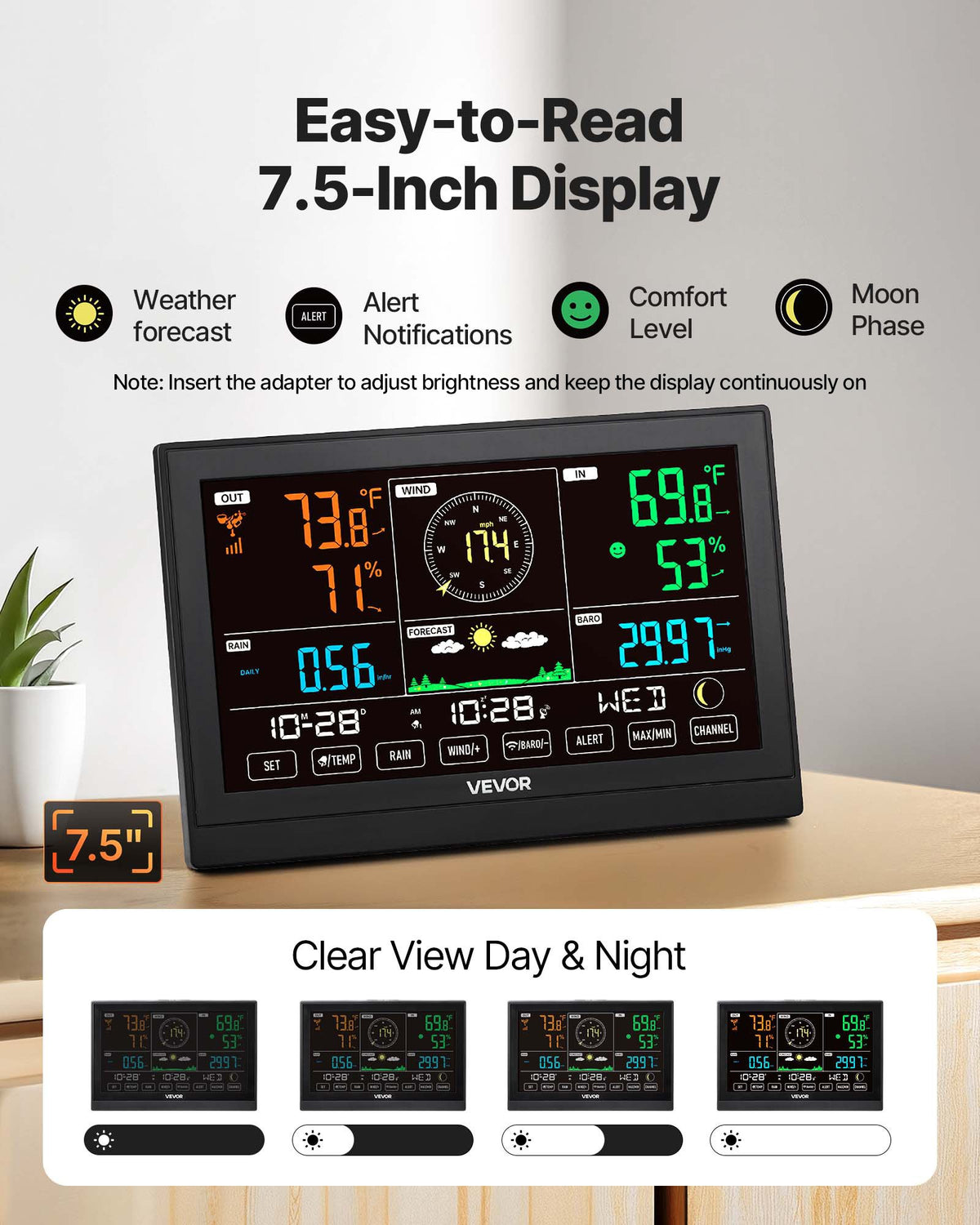 5-in-1 Wireless Weather Station, 190.5 mm VA Display, Solar Powered Outdoor Sensor, Rain Gauge, Indoor V952-TYNQXZWX75AACKCYU001V3