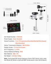 5-in-1 Wireless Weather Station, 190.5 mm VA Display, Solar Powered Outdoor Sensor, Rain Gauge, Indoor V952-TYNQXZWX75AACKCYU001V3