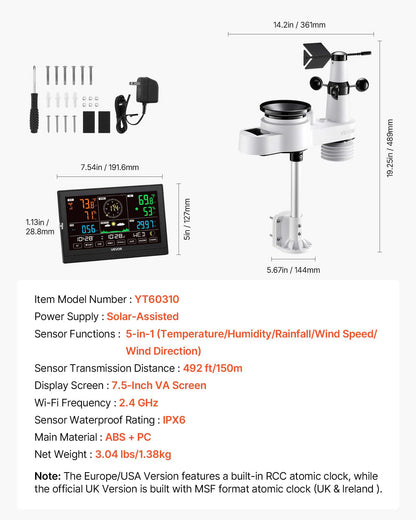 5-in-1 Wireless Weather Station, 190.5 mm VA Display, Solar Powered Outdoor Sensor, Rain Gauge, Indoor V952-TYNQXZWX75AACKCYU001V3