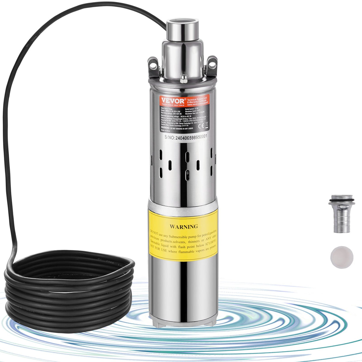 Solar Water Pump, DC 277W Submersible Deep Well Pump, Max Flow 2.1 m3/H, Max Head 83 m, Max Submersion Depth V952-TYNSB260W10GVTKZOV9