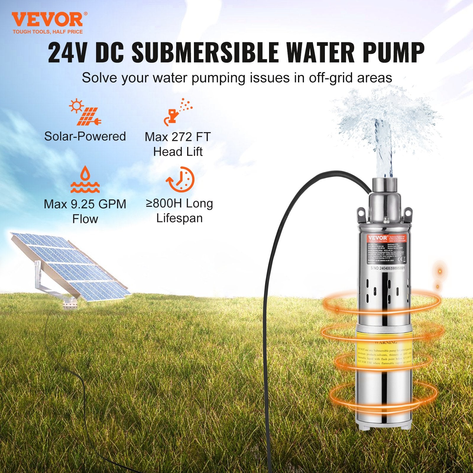 Solar Water Pump, DC 277W Submersible Deep Well Pump, Max Flow 2.1 m3/H, Max Head 83 m, Max Submersion Depth V952-TYNSB260W10GVTKZOV9