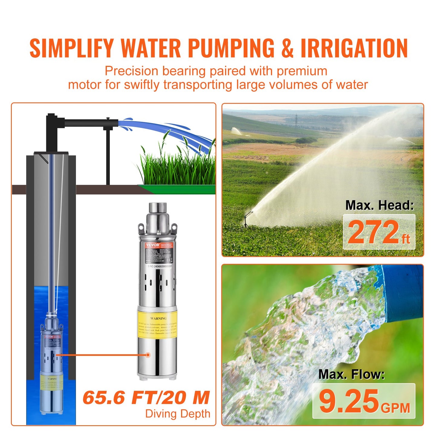 Solar Water Pump, DC 277W Submersible Deep Well Pump, Max Flow 2.1 m3/H, Max Head 83 m, Max Submersion Depth V952-TYNSB260W10GVTKZOV9